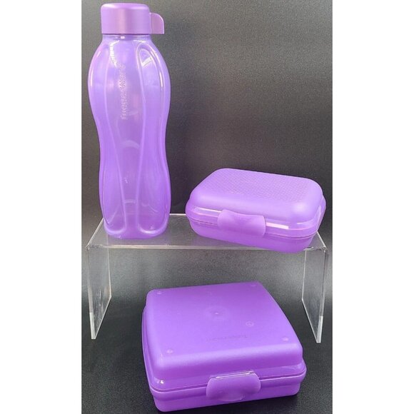 Tupperware 3 Piece Eco Water Bottle Sandwich & Snack Container 210B Purple New - Picture 1 of 15